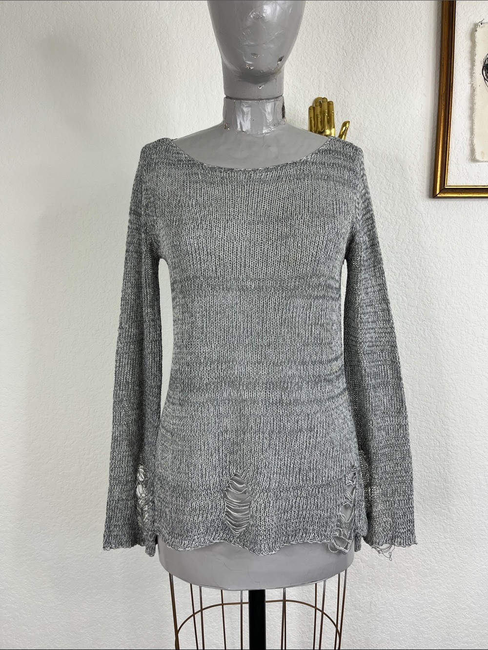 Uniq Marled Distressed Scoop Neck Knit Crochet Woven Sweater